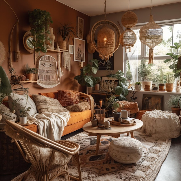 A living room with a couch, a table, and plants on the wall.