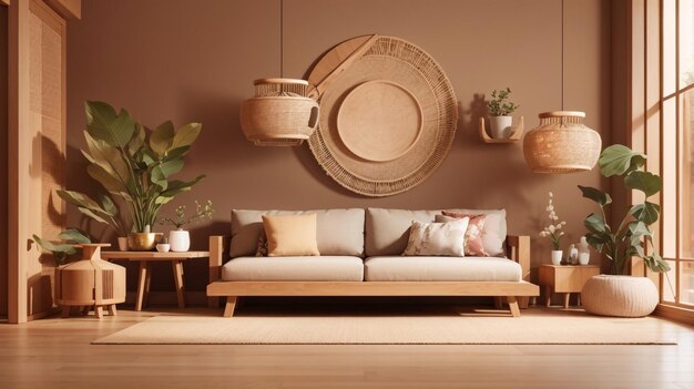 a living room with a couch table and potted plant on the wall