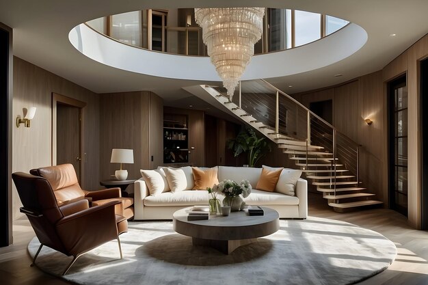 Photo a living room with a couch a table and a staircase