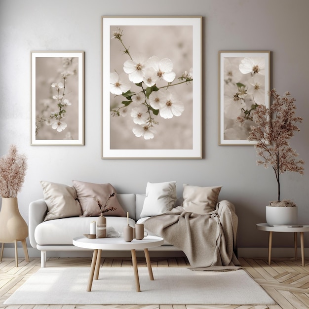 A living room with a couch, a table, and two pictures on the wall.