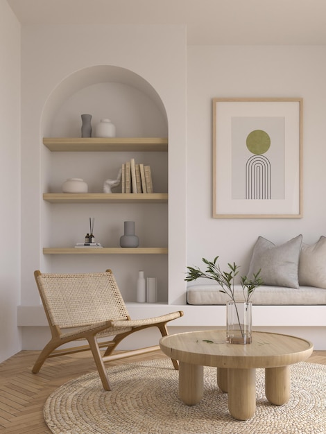 A living room with a couch, a table, and a vase with a green circle on it.