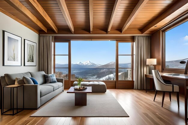 A living room with a couch, a table, a window and a mountain view.