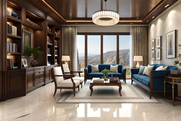 Photo a living room with a couch, a table, and a window with a view of the mountains.