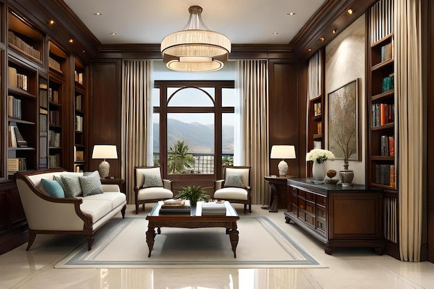 A living room with a couch, a table, and a window with a view of the mountains.