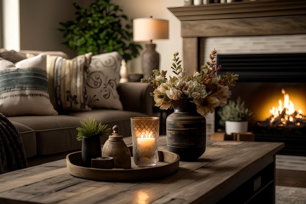 A living room with a couch and a table with a candle on it.