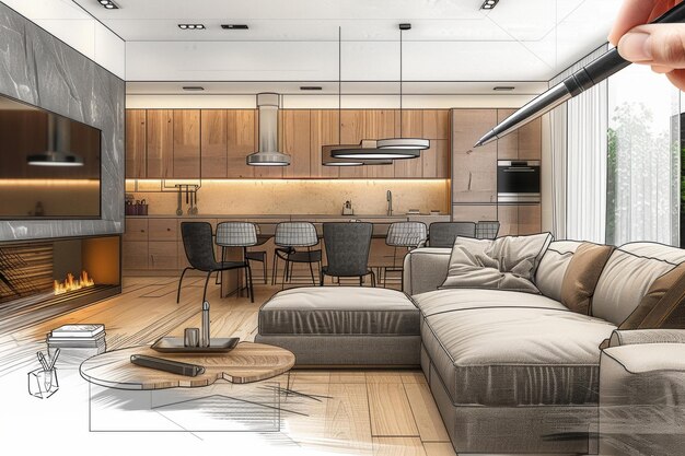 a living room with a couch and a table with chairs and a lamp
