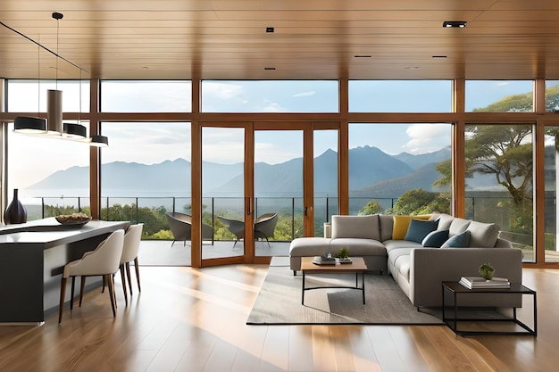 A living room with a couch and a table with chairs and a view of mountains.