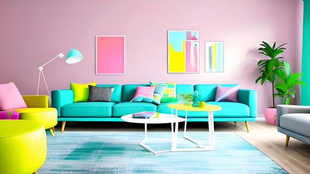 Жилая комната с диваном и столом с красочным диванчиком и картиной на стене