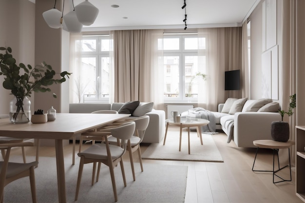 A living room with a couch and a table with a lamp on it.