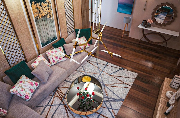 A living room with a couch and a table with a lamp on it.