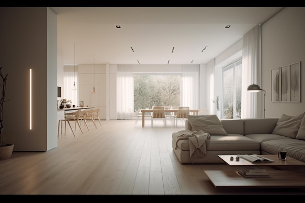 A living room with a couch and a table with a lamp on it.