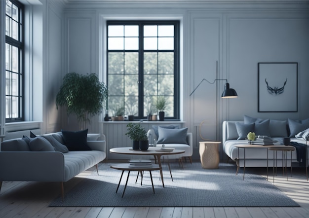 A living room with a couch and a table with a lamp on it.