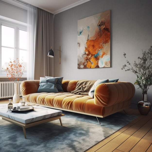 A living room with a couch and a table with a lamp on it.