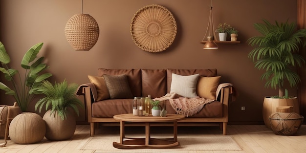 A living room with a couch and a table with lamps hanging from the ceiling.