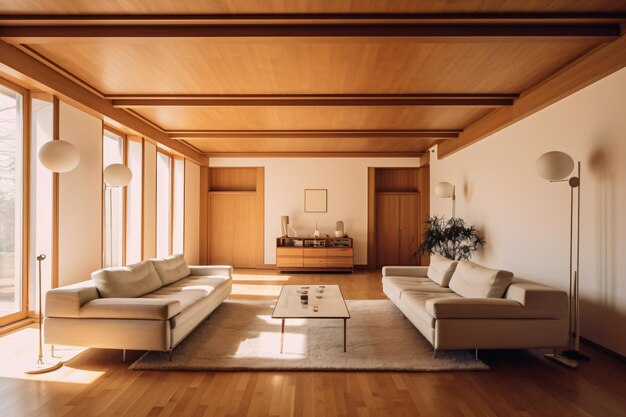 A living room with a couch and a table with lamps on the wall