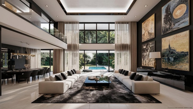 Photo a living room with a couch and a table with a large picture of trees and the pool