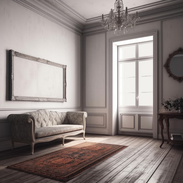 A living room with a couch and a table with a mirror on it.