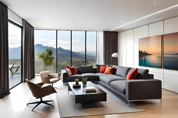 A living room with a couch and a table with a picture of a mountain in the background.