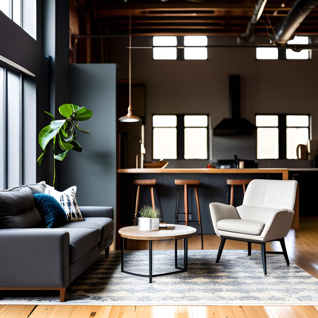 A living room with a couch and a table with a plant in the corner.