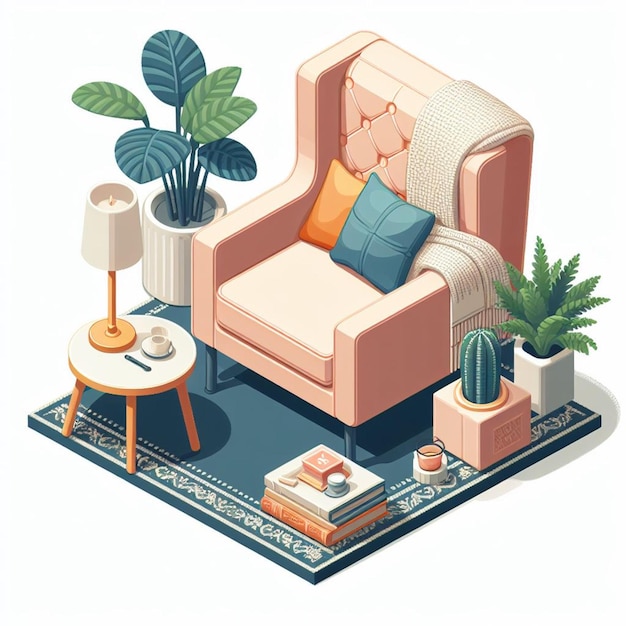 a living room with a couch and a table with a plant on it