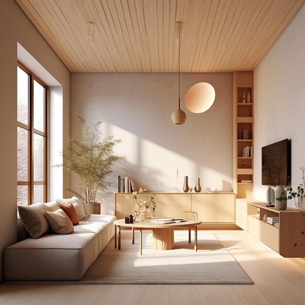 A living room with a couch and a table with a plant on it