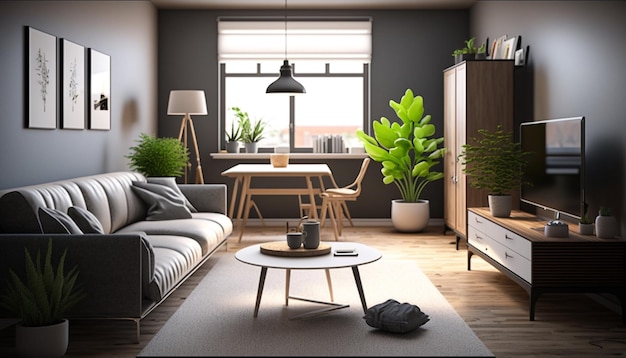 A living room with a couch and a table with plants on it.