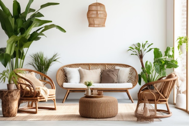 A living room with a couch and a table with plants and a potted plant.