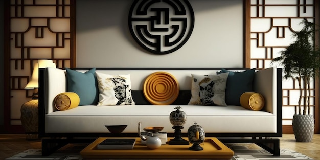 A living room with a couch and a table with a sign that says han dynasty.