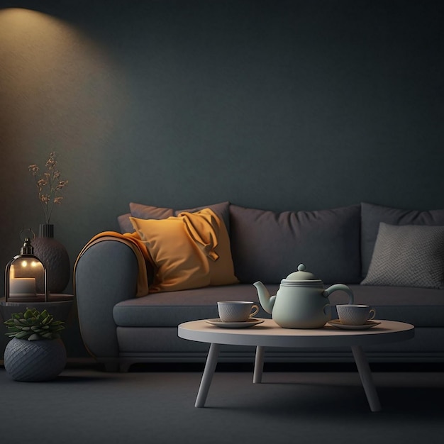 A living room with a couch and a table with a tea pot on it.