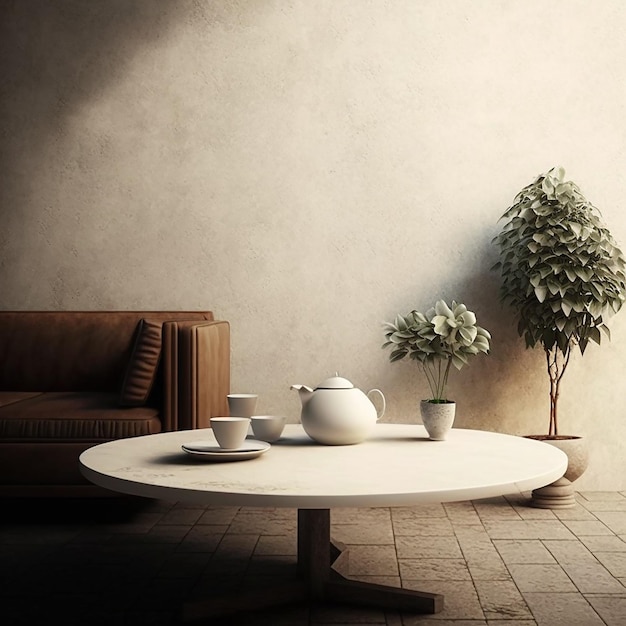 A living room with a couch and a table with a teapot on it.