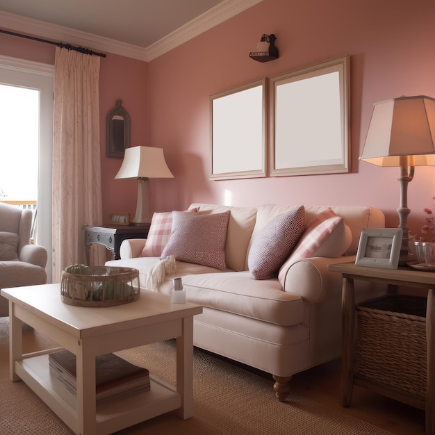 A living room with a couch and a table with two frames on it.