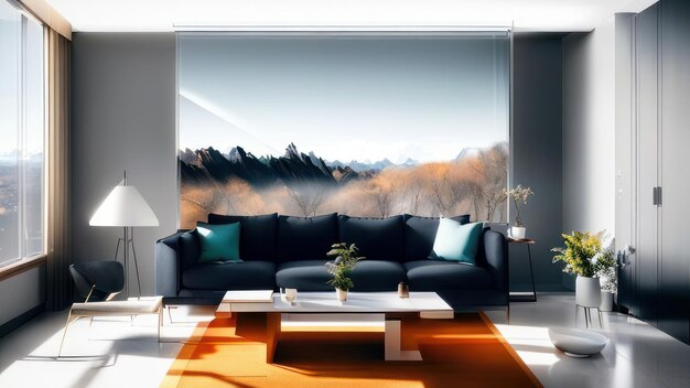 A living room with a couch and a table with a view of the mountains in the background