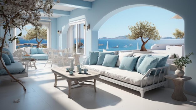 a living room with a couch and a table with a view of the ocean
