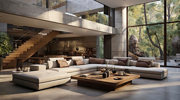 a living room with a couch and a table with a view of the room.