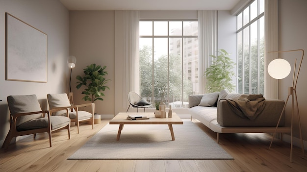 A living room with a couch and a table