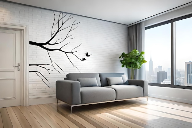 A living room with a couch and a tree on the wall