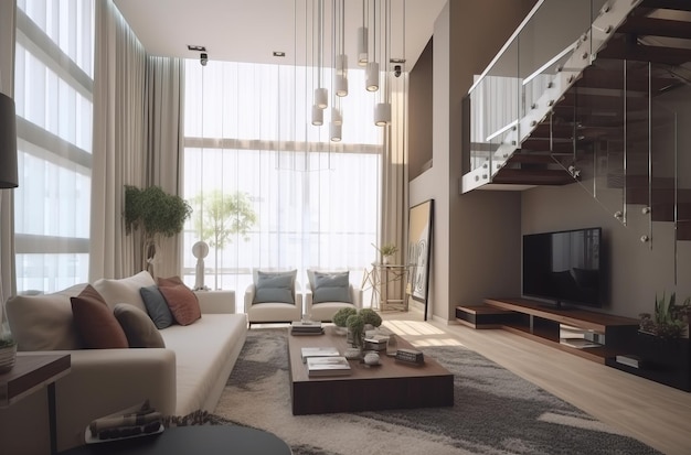 A living room with a couch and a tv on the wall