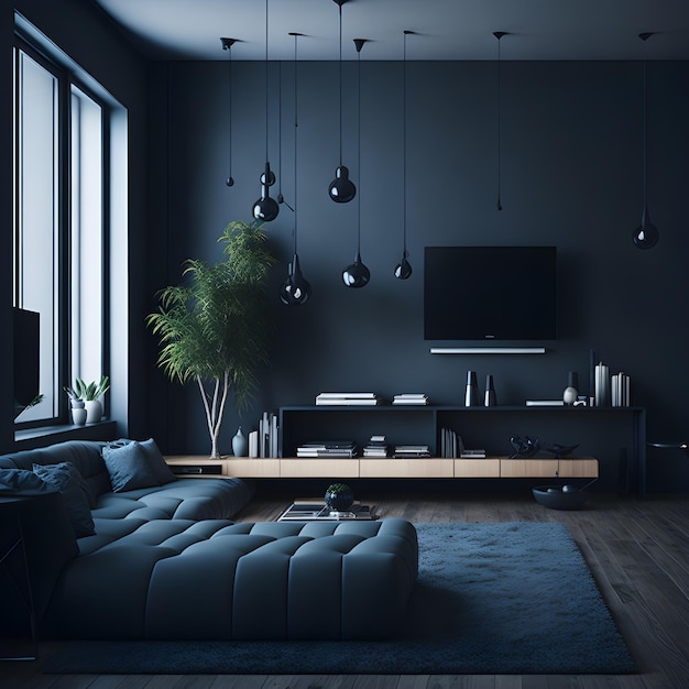 A living room with a couch and a tv on the wall