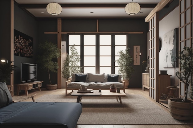 A living room with a couch and a tv on the wall