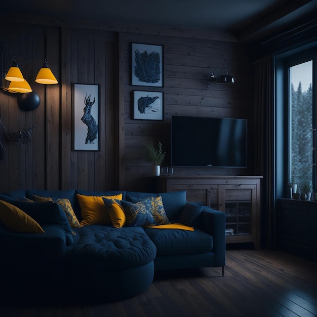 A living room with a couch and a tv on the wall