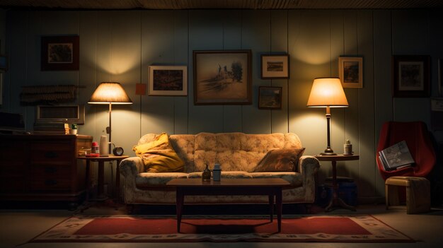 A living room with a couch and two lamps hanging