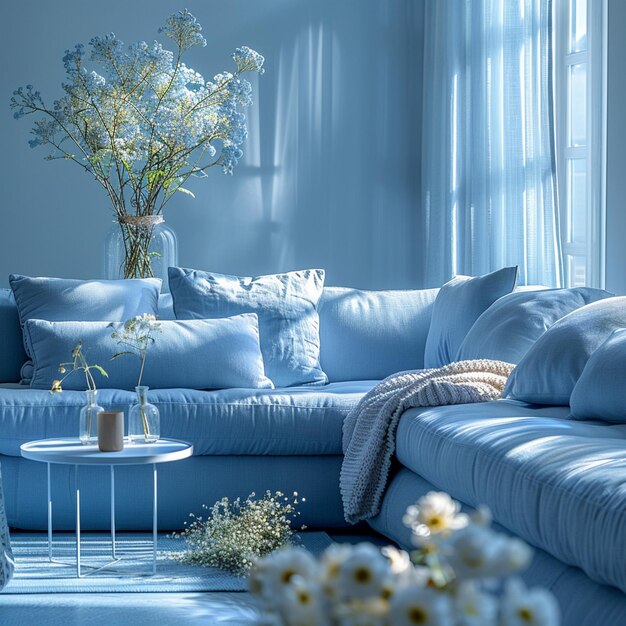 Photo a living room with a couch and a vase of flowers on it