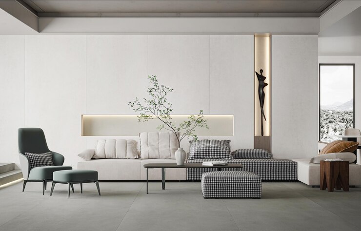 Photo a living room with a couch and a vase with flowers on it
