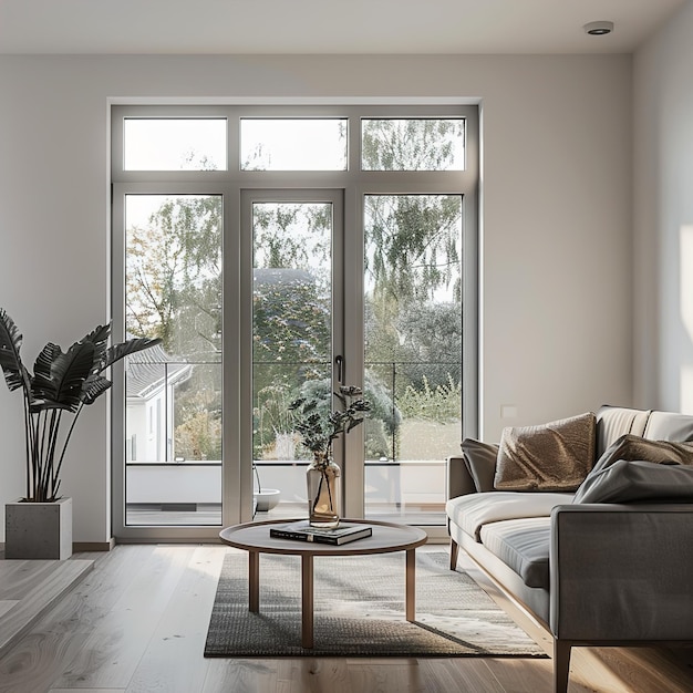 Photo a living room with a couch a vase with flowers and a plant on it