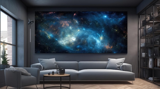 A living room with a couch and a wall that says'galaxy '