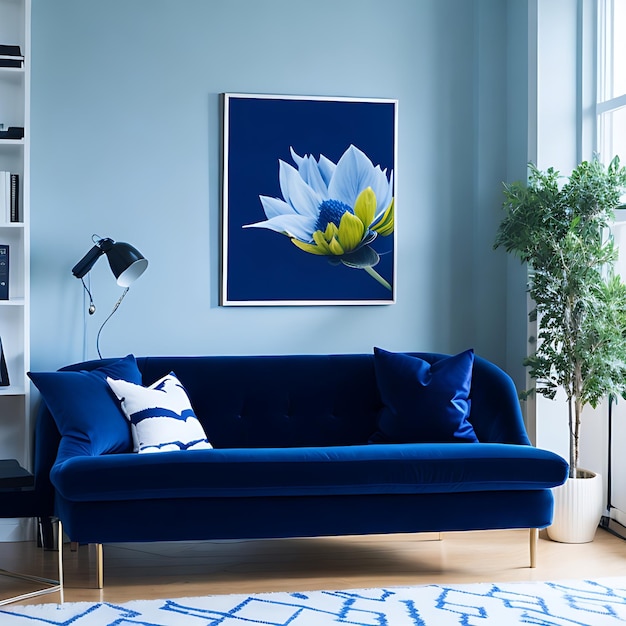 A living room with couch and a white wall with a painting on it