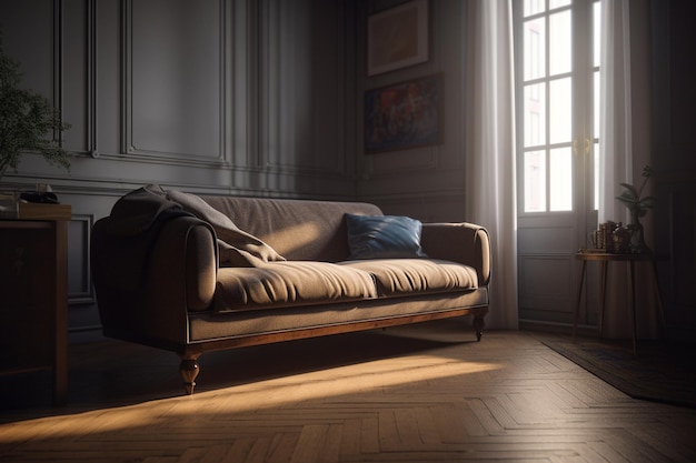 A living room with a couch and a window that says'the word home '