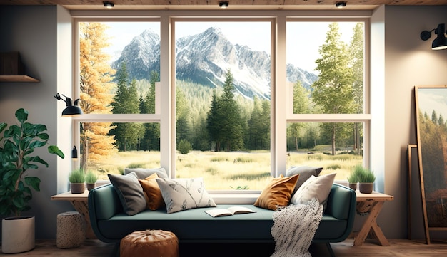 A living room with a couch and a window with a mountain view