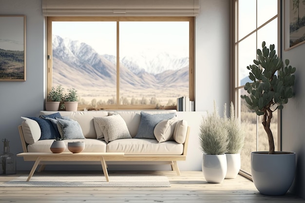 A living room with a couch and a window with mountains in the background.