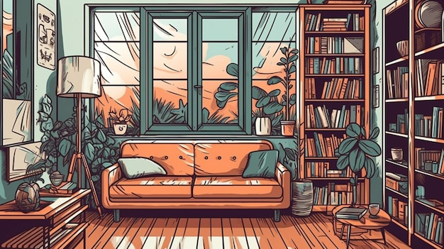 A living room with a couch and a window with a plant on it.